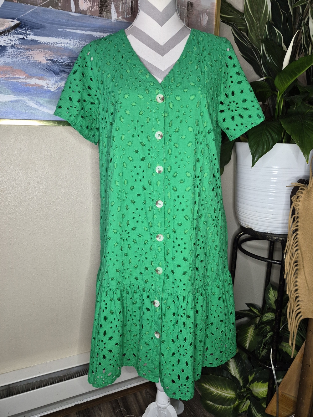 Kirundo Womens Green Eyelet Knee Length Short Sleeve Dress